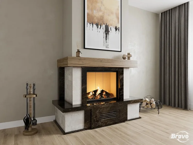 Портал для камина Bravo Верона Rosso Asiago мрамор + плитка Travertine красный/бежевый угловой n6