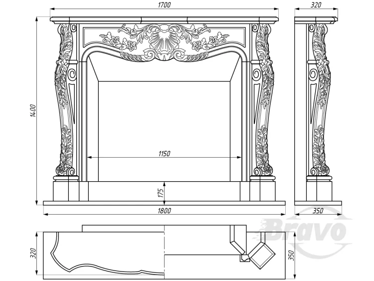 Портал для каміна Bravo Нью-Йорк Nero Marquina Antique мармур чорний прямий