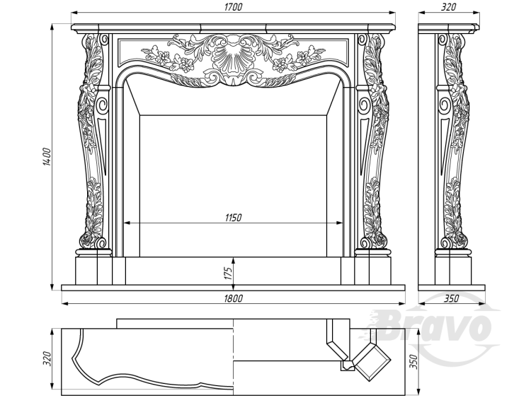 Портал для камина Bravo Нью-Йорк Nero Marquina Antique мрамор черный прямой