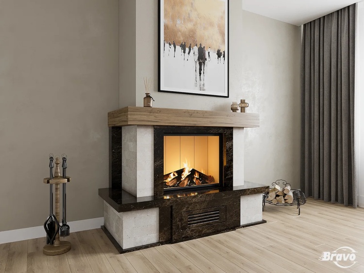 Портал для камина Bravo Верона Rosso Asiago мрамор + плитка Travertine красный/бежевый угловой n6